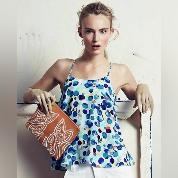 Maeve Tops - Anthropologie Maeve Zabella Silk Tank Size 10 Aqua Motif Dotted Ruffled